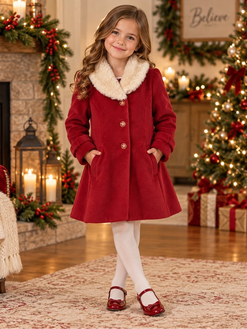 Cupcakes & Cashmere Girls 8 Red Faux Fur Collar Bow Cuff Holiday Coat